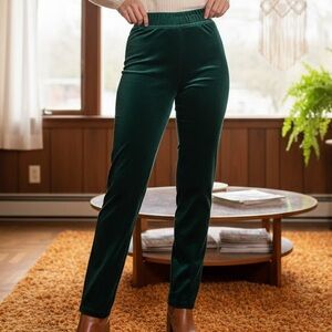 1960s/1970s Vintage Green Velvet Velour Stretch Pants S Elastic Waist Cigarette